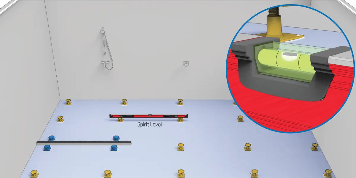 Checking mortar bed slope with a spirit level, or laser level