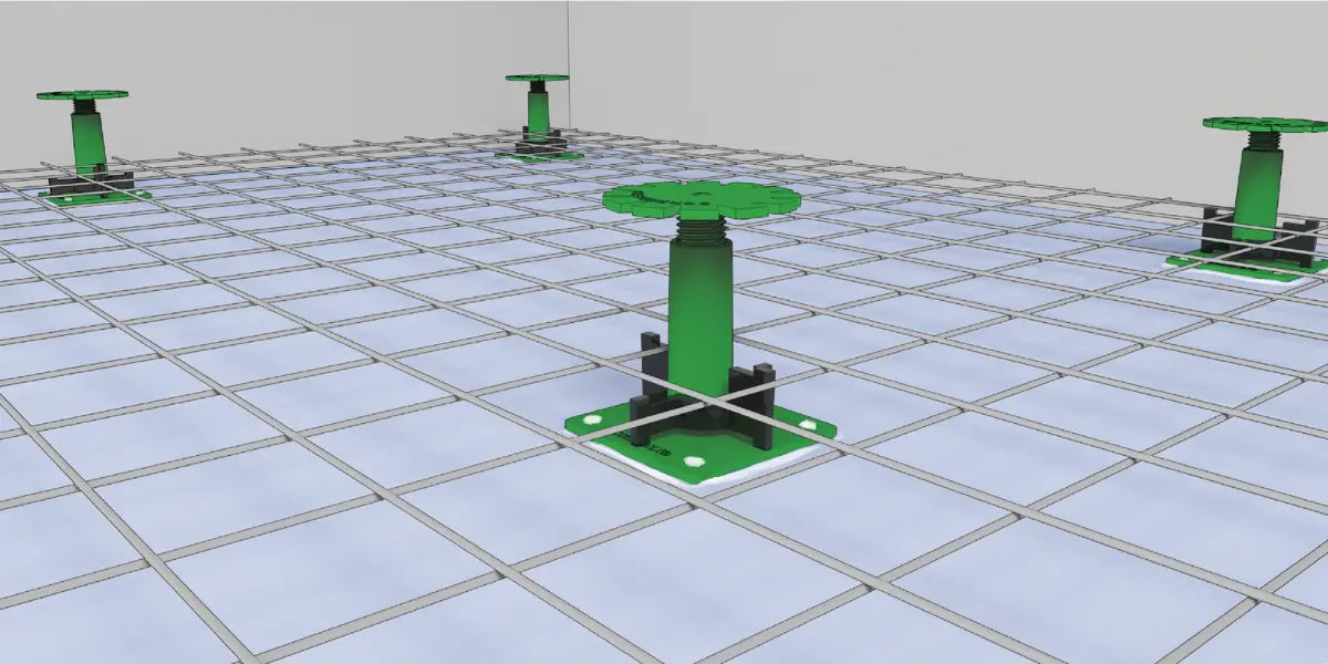 Screedex® wire mesh support — clips onto platform to hold reinforcement above subfloor in mortar bed