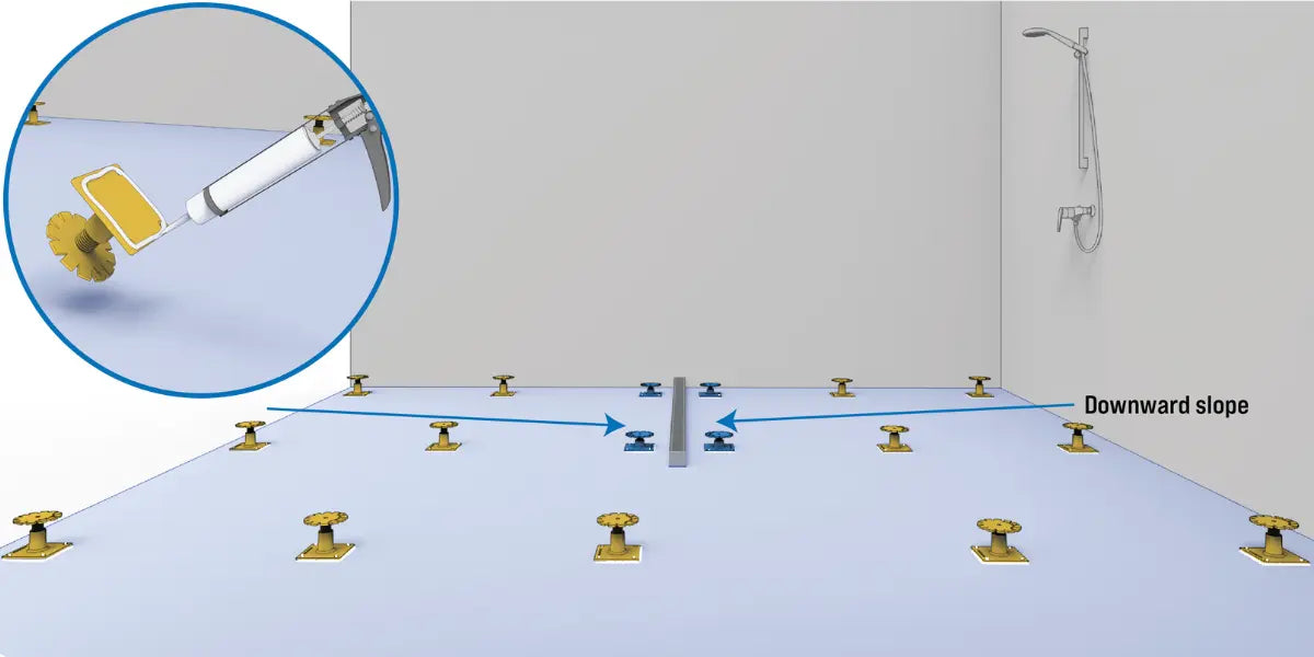 Applying adhesive to secure Screedex® platforms to the subfloor